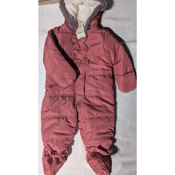 First Impressions Baby Girl Sherpa Lined One Piece Pink Snowsuit Size 6-9m bows - Picture 1 of 3